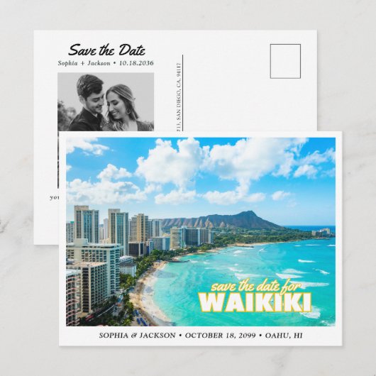 Waikiki Wedding Save the Date Skyline Postcard ポストカード (正面/裏面)