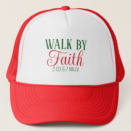 Walk by Faith Bible Verse Red and White Festive キャップ (正面)
