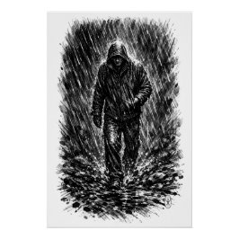 Walker in the Rain – Haunted Ink Illustration ポスター