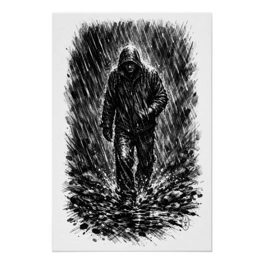 Walker in the Rain – Haunted Ink Illustration ポスター (正面)