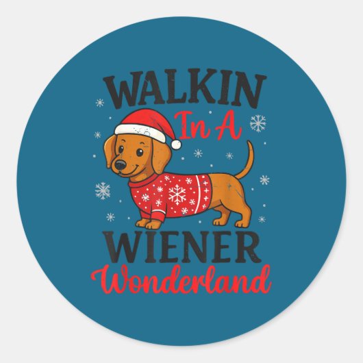 Walking In Weiner Wonderland Mini Dachshund Christ ラウンドシール (正面)