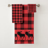 Walking Moose Silhouette Red Black Plaid Pattern バスタオルセット (インサイチュ)