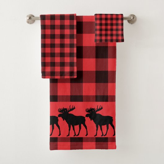 Walking Moose Silhouette Red Black Plaid Pattern  バスタオルセット (インサイチュ)