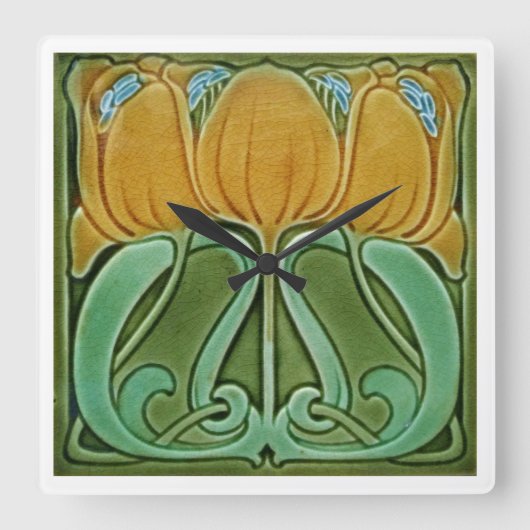 Wall Clock - Art Nouveau Floral Yellow スクエア壁時計 (正面)
