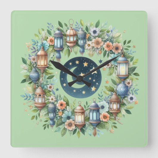 Wall Clock-Eid Mubarak Wreath Wall Clock スクエア壁時計 (正面)