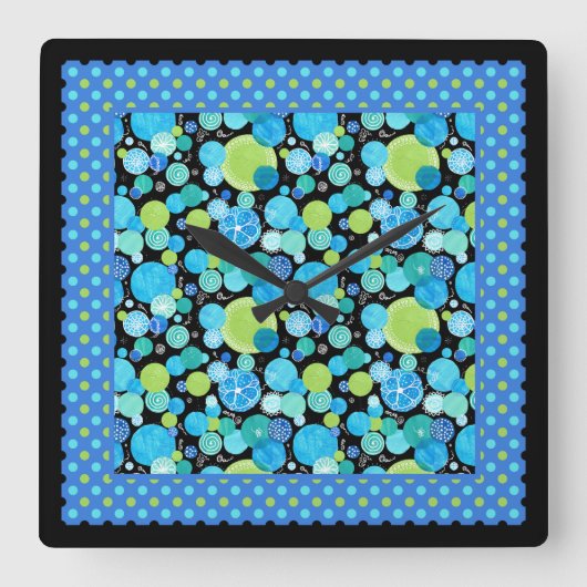 Wall Clock, Mix'n'Match:青い月,水玉模様 スクエア壁時計 (正面)