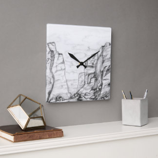 Wall Clock with canyon sketched in black and white スクエア壁時計