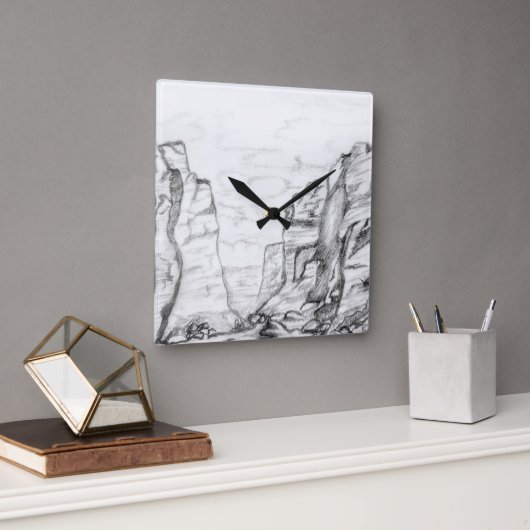 Wall Clock with canyon sketched in black and white スクエア壁時計 (オフィス)