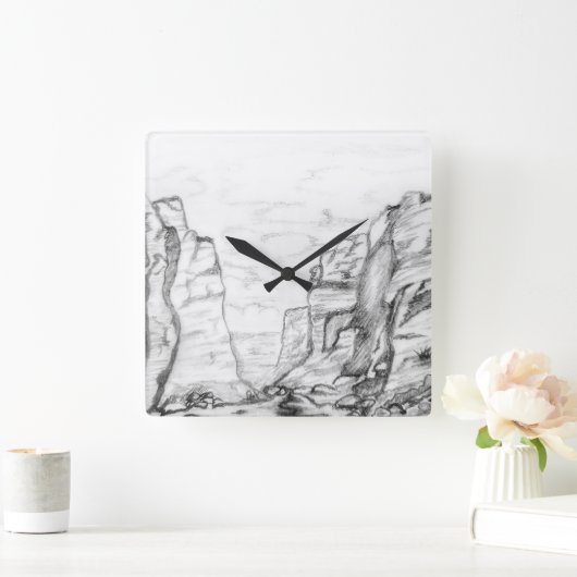 Wall Clock with canyon sketched in black and white スクエア壁時計 (ホーム)