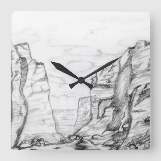 Wall Clock with canyon sketched in black and white スクエア壁時計 (正面)