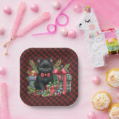  Wallace Red Scottish Tartan Christmas Black Cat ペーパープレート (パーティー)