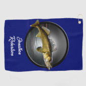 Walleye Pikesオン深いブルーバックグラウンド ゴルフタオル (横)