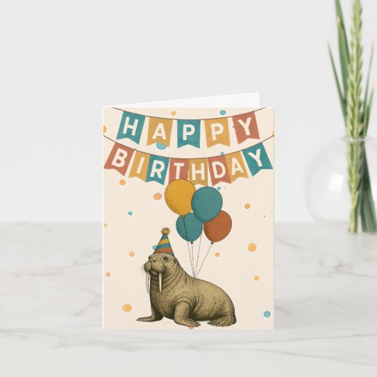 Walrus Birthday Card – Funny Party Animal カード (正面)
