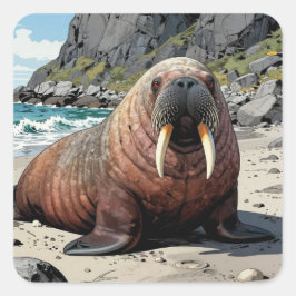 Walrus on a Sandy Beach  | Cute Animals スクエアシール