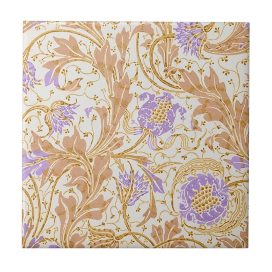 Walter Crane Arts and Crafts Purple Floral Art タイル (正面)