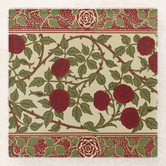 Walter Crane Red Roses with Thorned Stems ガラスコースター (正面)