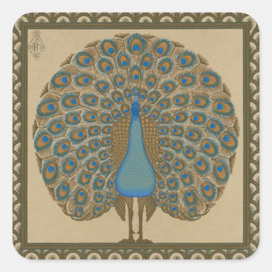 Walter Crane Vintage Gold Blue Peacock Art スクエアシール (正面)