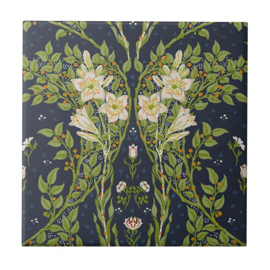 Walter Crane Vintage Navy White Lily Pattern タイル (正面)