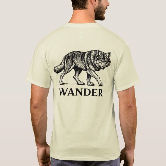 “Wander” ウルフ グラフィックTシャツ – 一匹狼の冒険 Tシャツ (裏面)