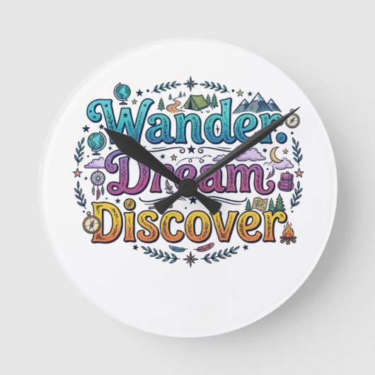  Wander. Dream. Discover. – 旅のインスピレーションA ラウンド壁時計 (正面)