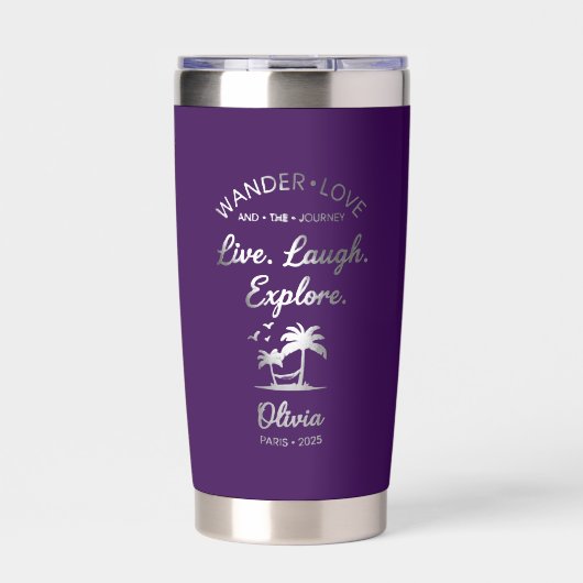 Wander Love, Live Laugh Explore, Purple Insulated 保温保冷タンブラー (正面)