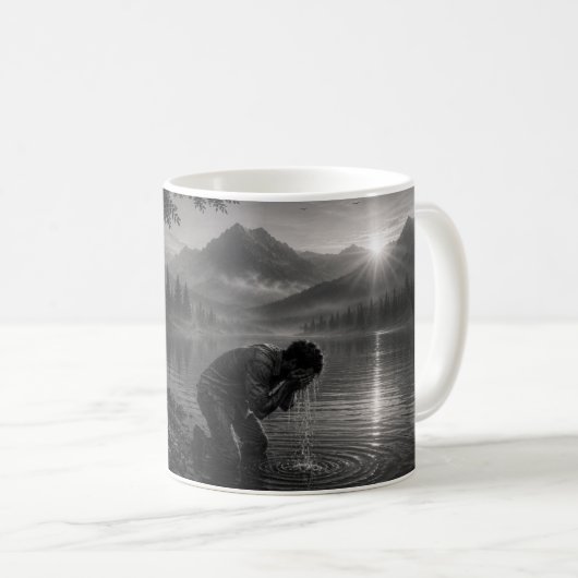 Wanderer Collection WO10 – 霧の山の湖で朝の顔洗い コーヒーマグカップ (正面右)