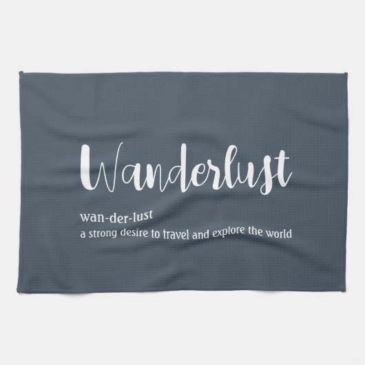 Wanderlust定義ホワイトグレーブルー キッチンタオル (横)