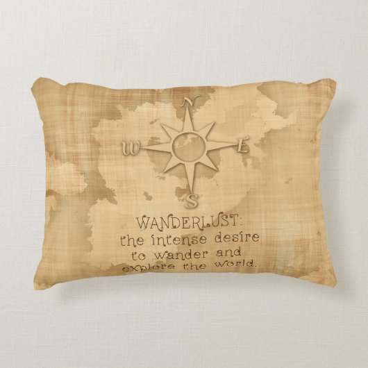 Wanderlust…" ヴィンテージの紙の走行の引用文 アクセントクッション (正面)
