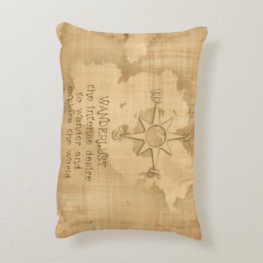 Wanderlust…" ヴィンテージの紙の走行の引用文 アクセントクッション (裏面(縦))