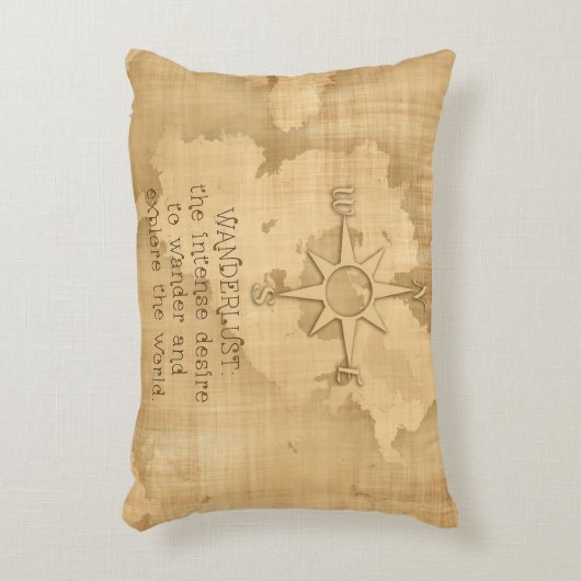 Wanderlust…" ヴィンテージの紙の走行の引用文 アクセントクッション (正面(垂直))