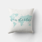 Wanderlust、走行する欲求ティール（緑がかった色）の世界地図 クッション (裏面)