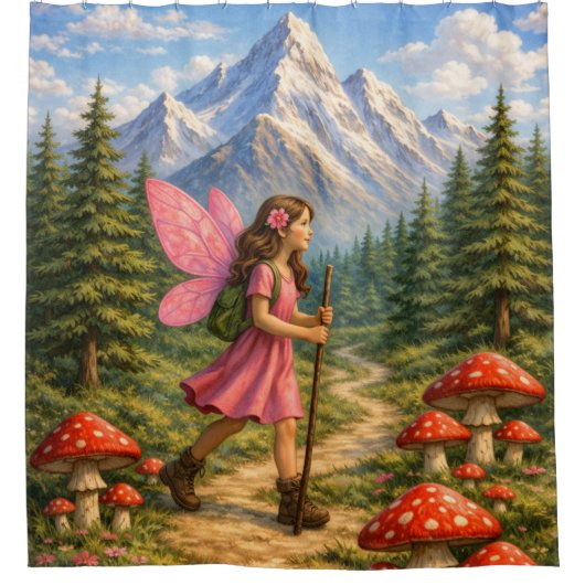Wanderlust Mountain Fairy Hiker Fairycore Mushroom シャワーカーテン (正面)