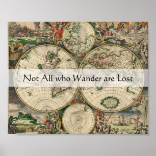 Wanderlust Quote Not All Who Wander Antique Map ポスター