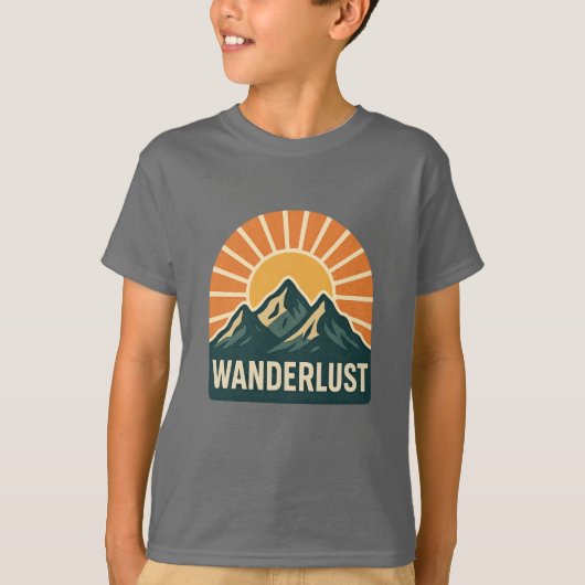 Wanderlust Retro Blue Mountain Sunrise Kids Nature Tシャツ (正面)