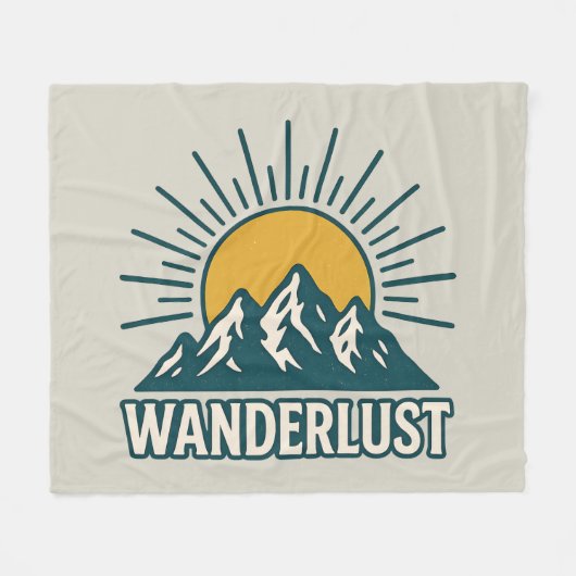 Wanderlust Retro Teal Mountain Sunrise | Hiking フリースブランケット (正面(横))