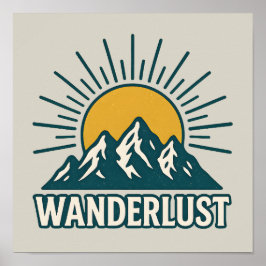 Wanderlust Retro Teal Mountain Sunrise Hiking Art ポスター