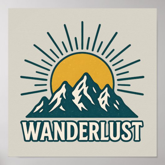 Wanderlust Retro Teal Mountain Sunrise Hiking Art ポスター (正面)
