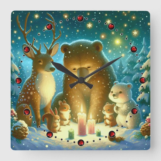 Wanduhr Reh und Bärchen Weihnachten Christmas スクエア壁時計 (正面)