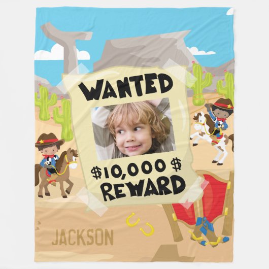 Want Cowboy with Photo and Name, Little Boy フリースブランケット (正面)