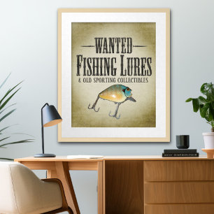 WANTEDポスター – 古い魚釣りのルアーと収集品 ポスター