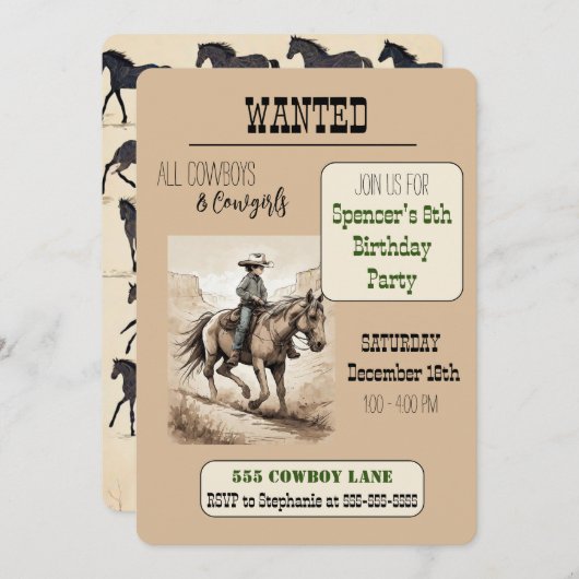 WANTED Cowboy Birthday Party – ライディングカウボーイ 招待状 (正面/裏面)