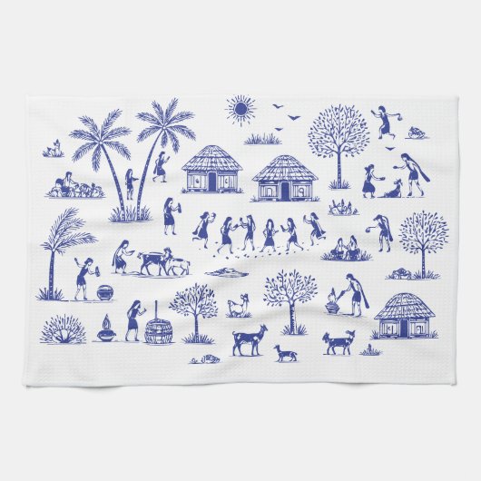 Warli Art Indian Tribal Illustration キッチンタオル (横)