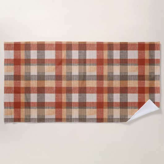 Warm Autumn Plaid Fabric Texture in Rust and Beige ビーチタオル (正面)