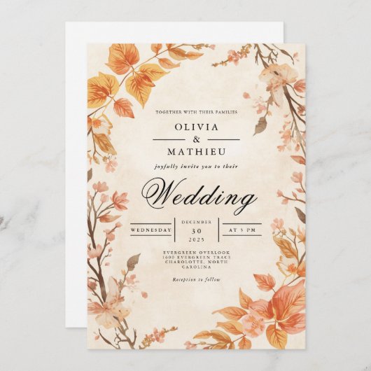 Warm Autumnal Bloom Flourish Wedding 招待状 (正面/裏面)