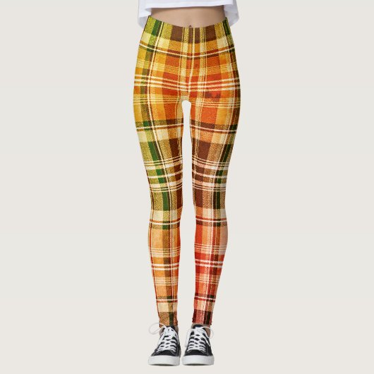 Warm Autumnal Gradient Yellow Green Plaid レギンス (正面)