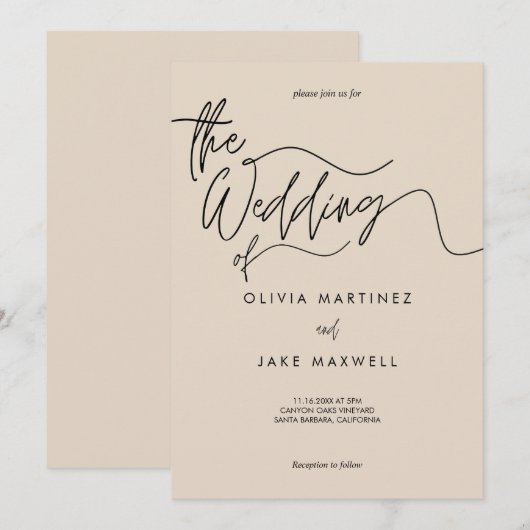 Warm Beige & Black エレガント Script結婚's 招待状 (正面/裏面)