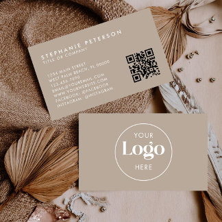 Warm Beige Elegant Custom Company Logo QR Code 名刺