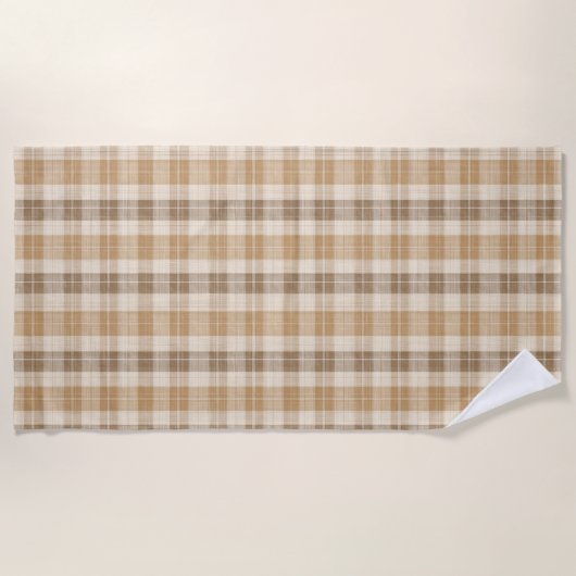 Warm Beige Plaid Linen Texture with Weaves ビーチタオル (正面)