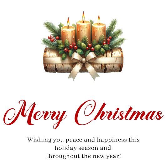 Warm Christmas candles on rustic log greeting シーズンカード