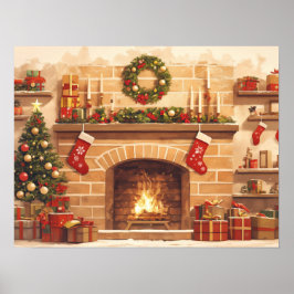 Warm Christmas Fireplace Scene ポスター